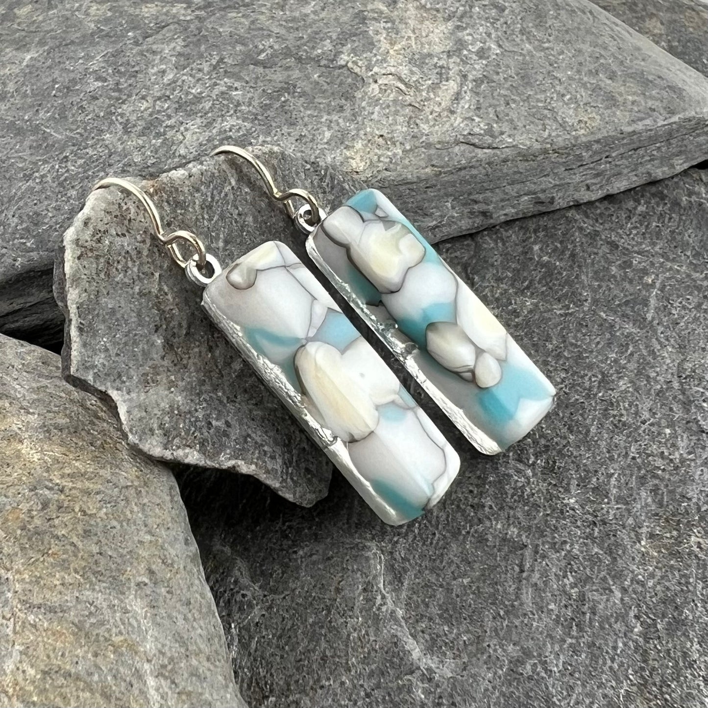Turquoise, White and Ivory Organic Design Fused Glass Earrings