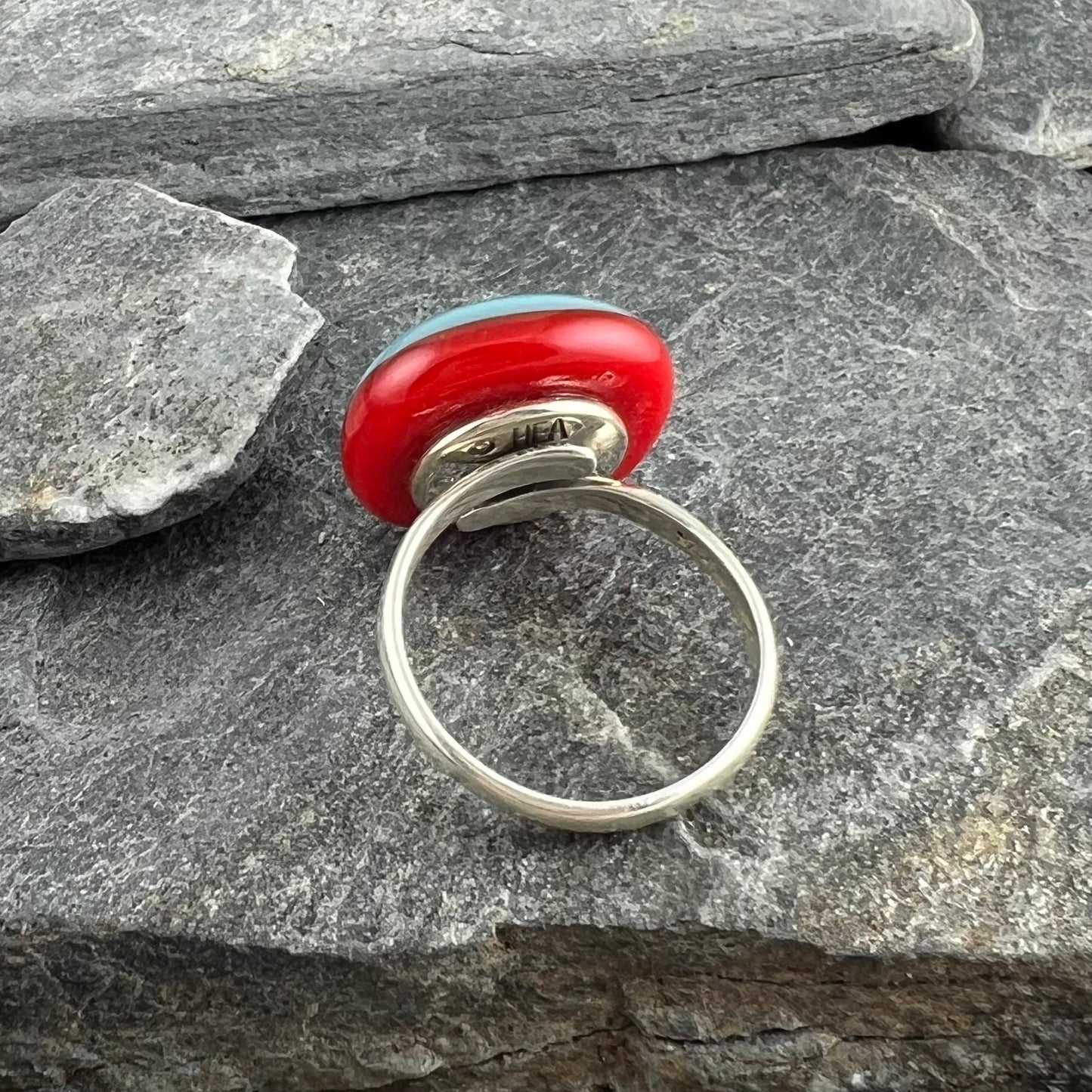 Turquoise, Orange & Teal Bullseye Fused Glass Ring