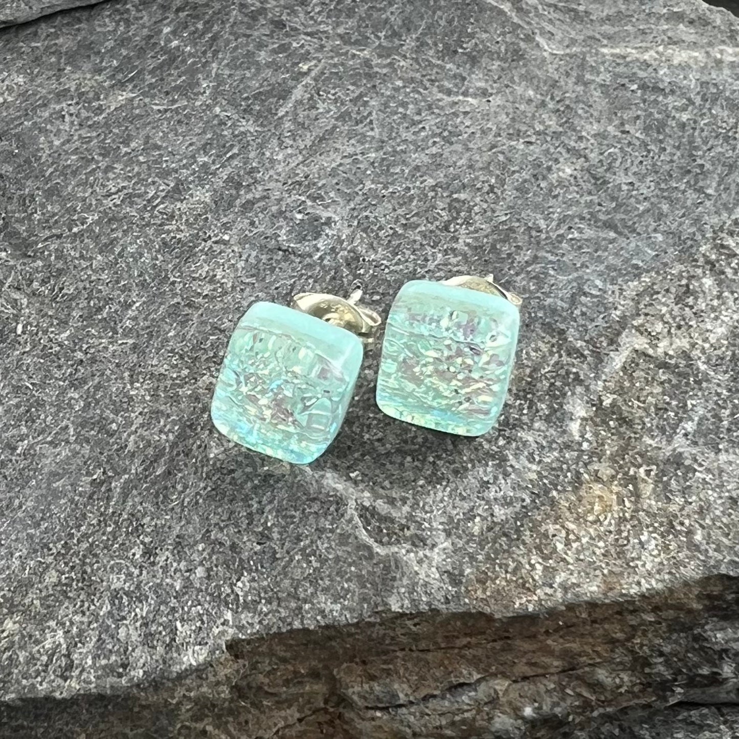 Sparkly Sage Green Dichroic Fused Glass Studs