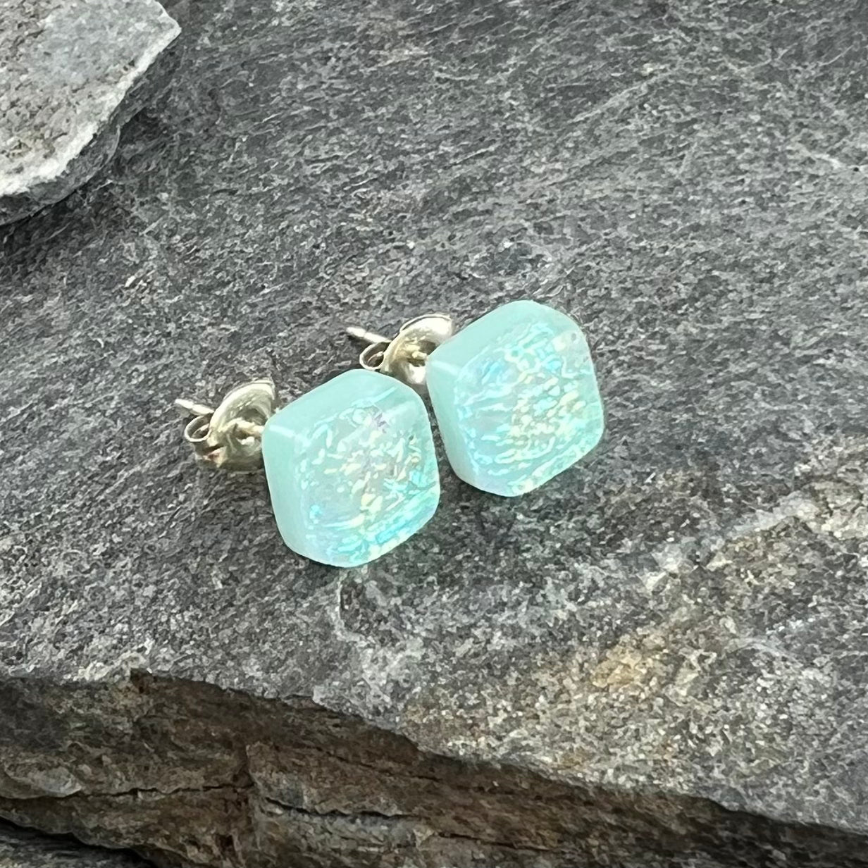 Sparkly Sage Green Dichroic Fused Glass Studs