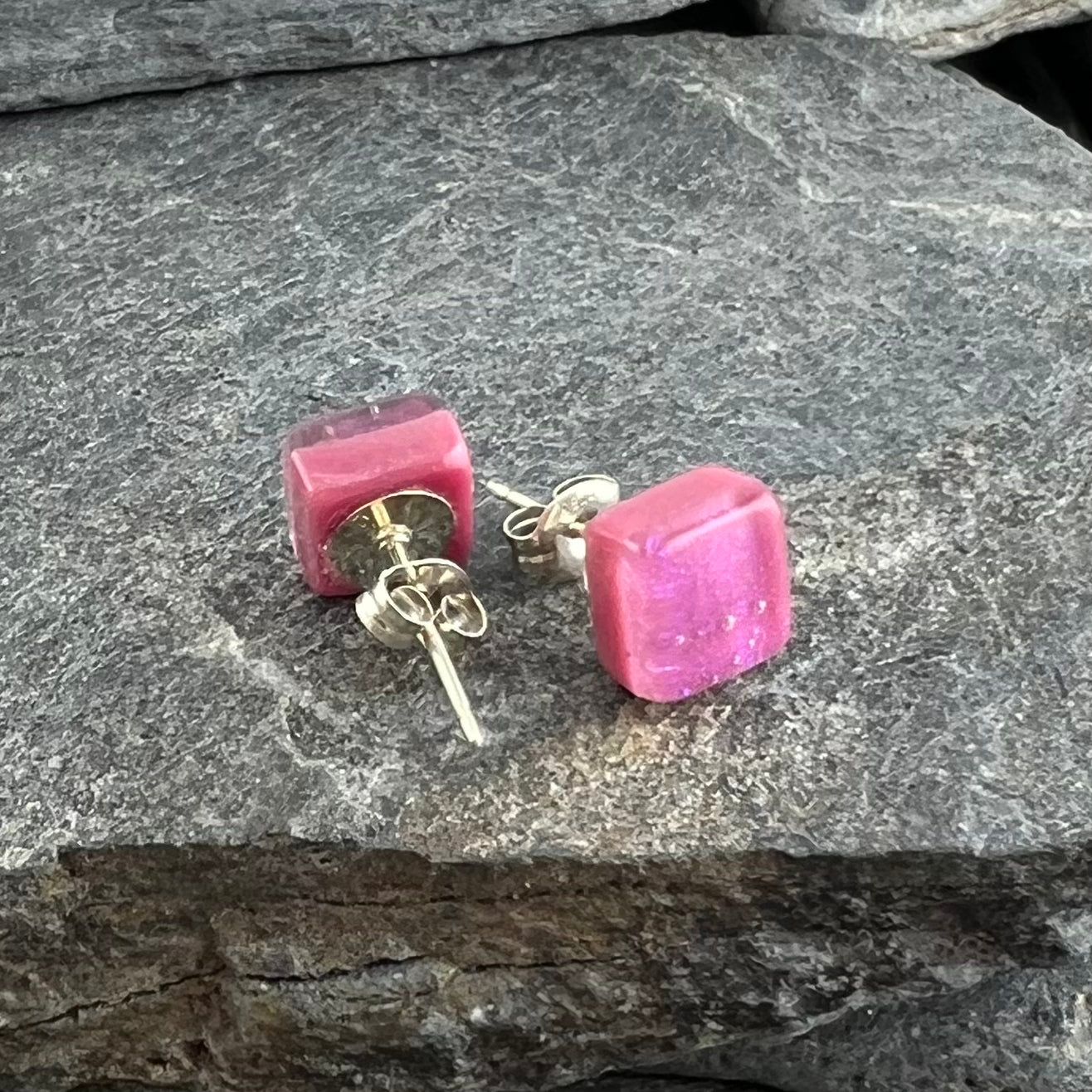 Shimmery Pink Dichroic Fused Glass Studs