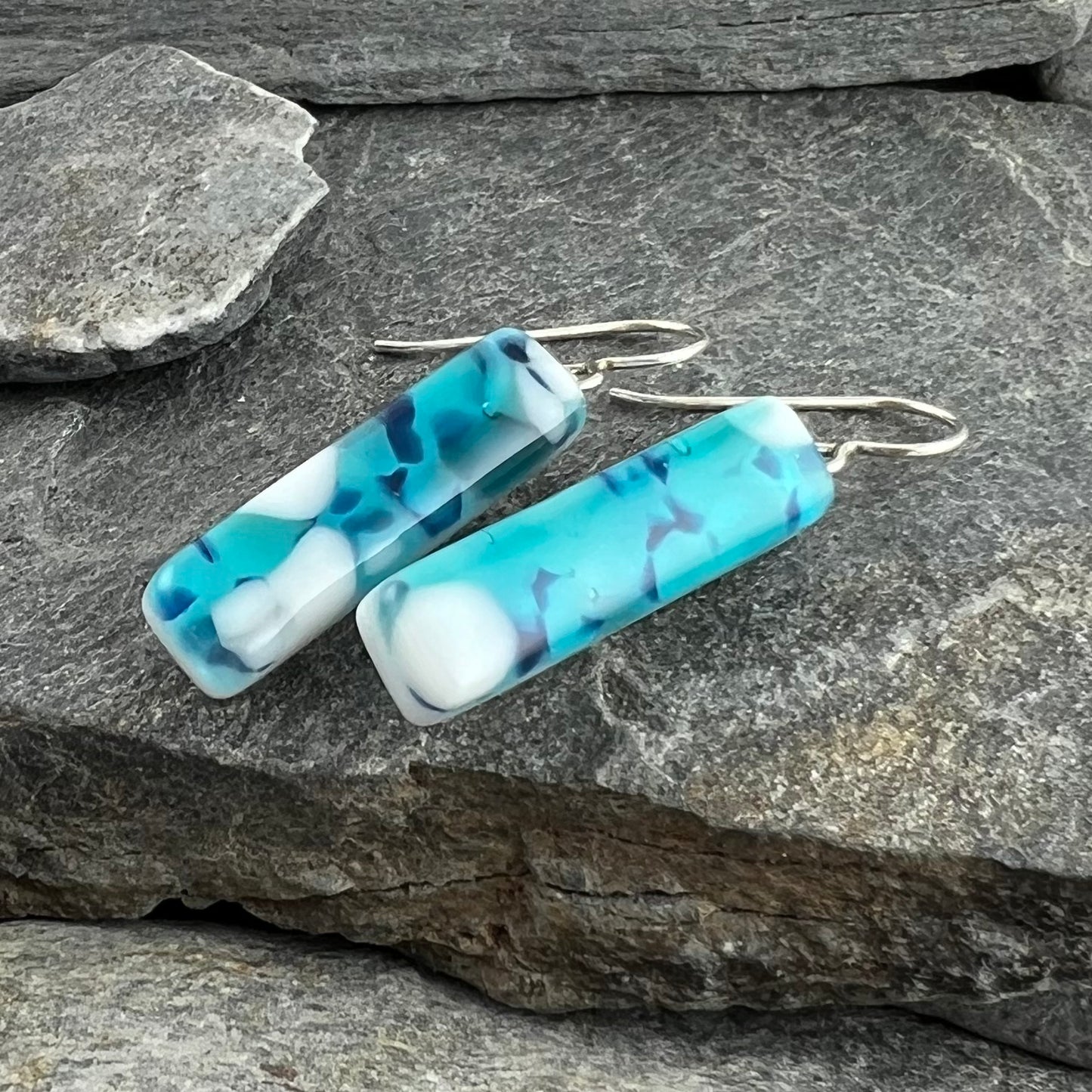 Turquoise, White and Ivory Organic Design Fused Glass Earrings