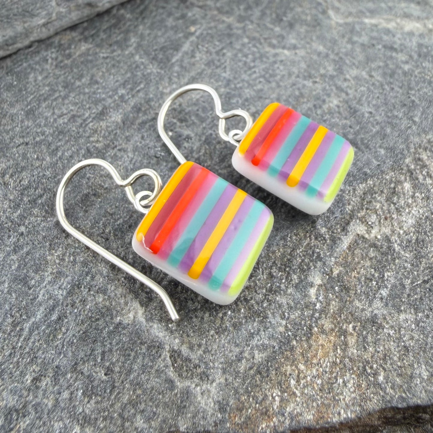 Small Square Colorful Striped Fused Glass Earrings