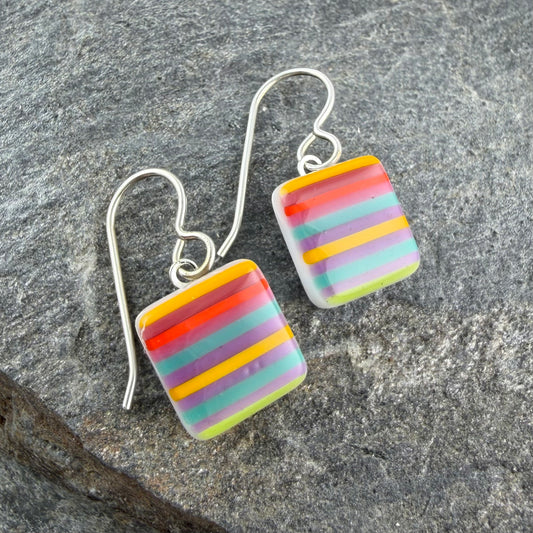 Small Square Colorful Striped Fused Glass Earrings
