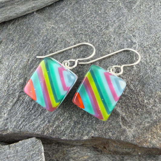 Colorful Diagonal Striped Fused Glass Earrings