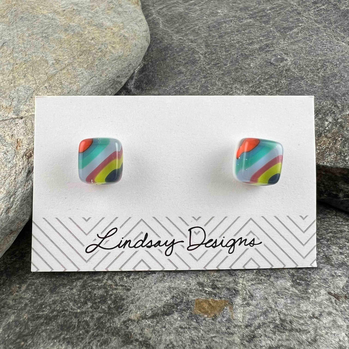 Diagonal Colorful Striped Fused Glass Studs