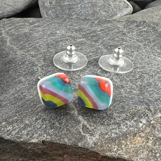 Diagonal Colorful Striped Fused Glass Studs