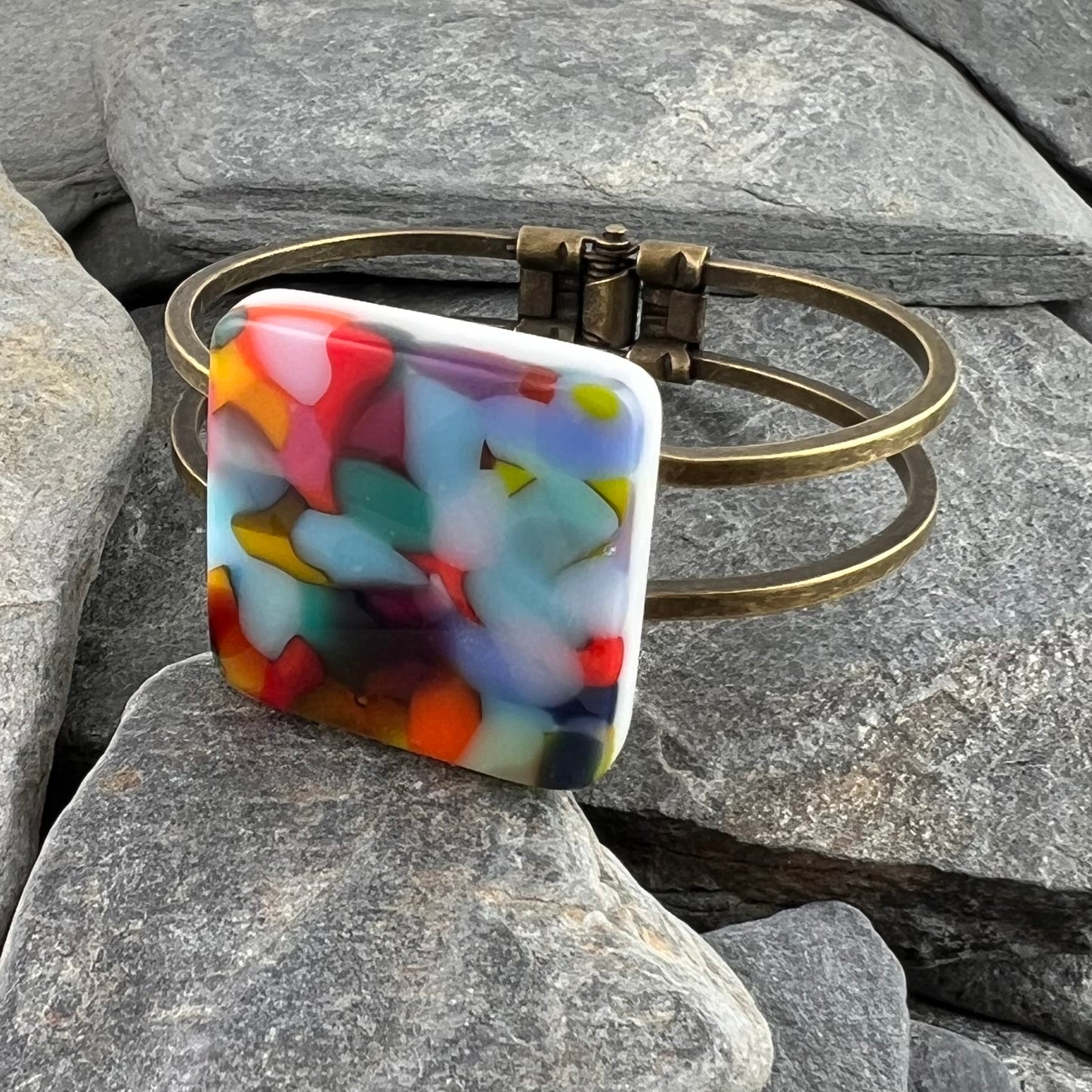 Colorful Abstract Fused Glass Cuff Bracelet