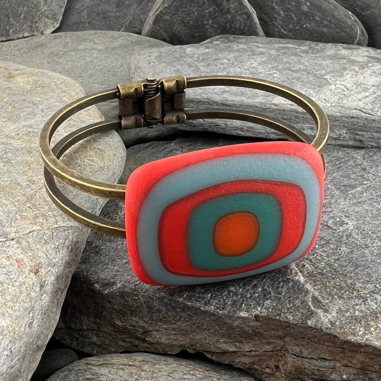 Orange, Turquoise, Teal Fused Glass Cuff Bracelet