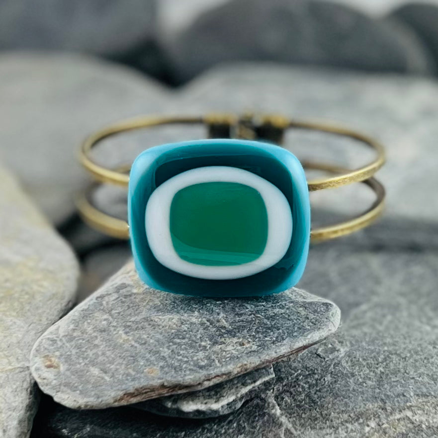 Turquoise, Teal, White and Emerald Fused Glass Cuff Bracelet