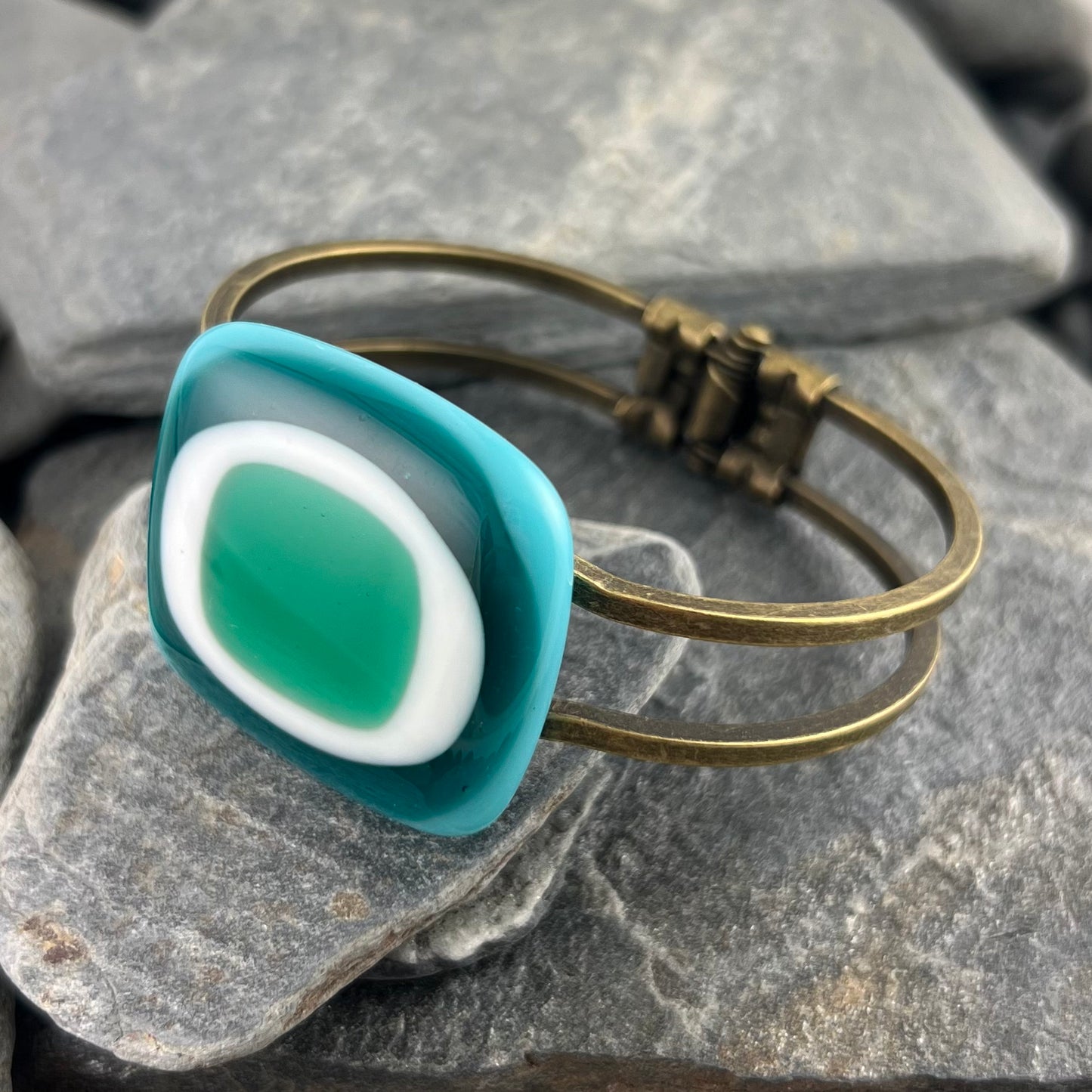 Turquoise, Teal, White and Emerald Fused Glass Cuff Bracelet