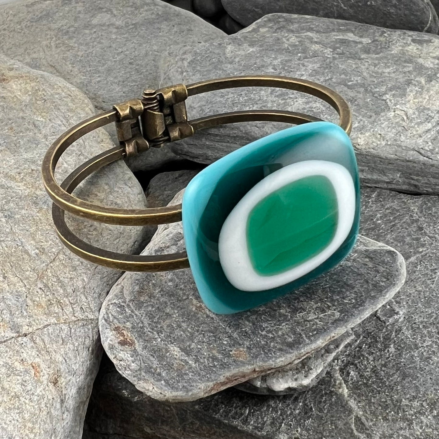 Turquoise, Teal, White and Emerald Fused Glass Cuff Bracelet