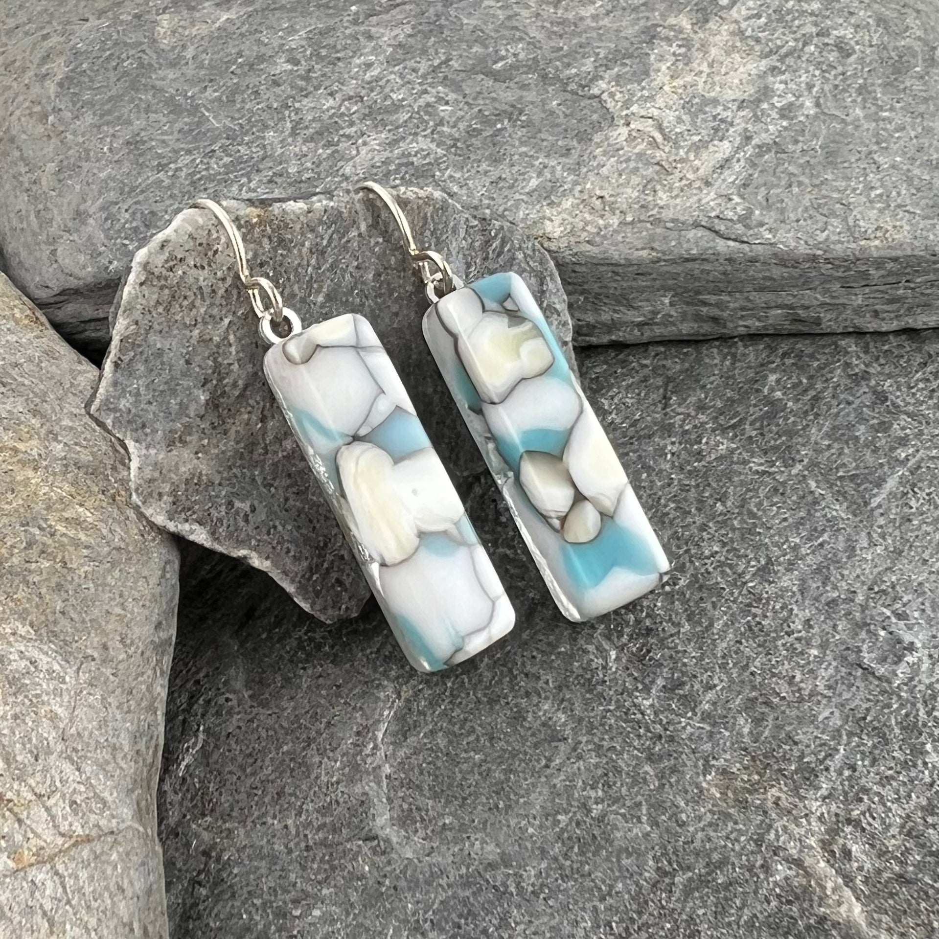 Turquoise, White and Ivory Organic Design Fused Glass Earrings