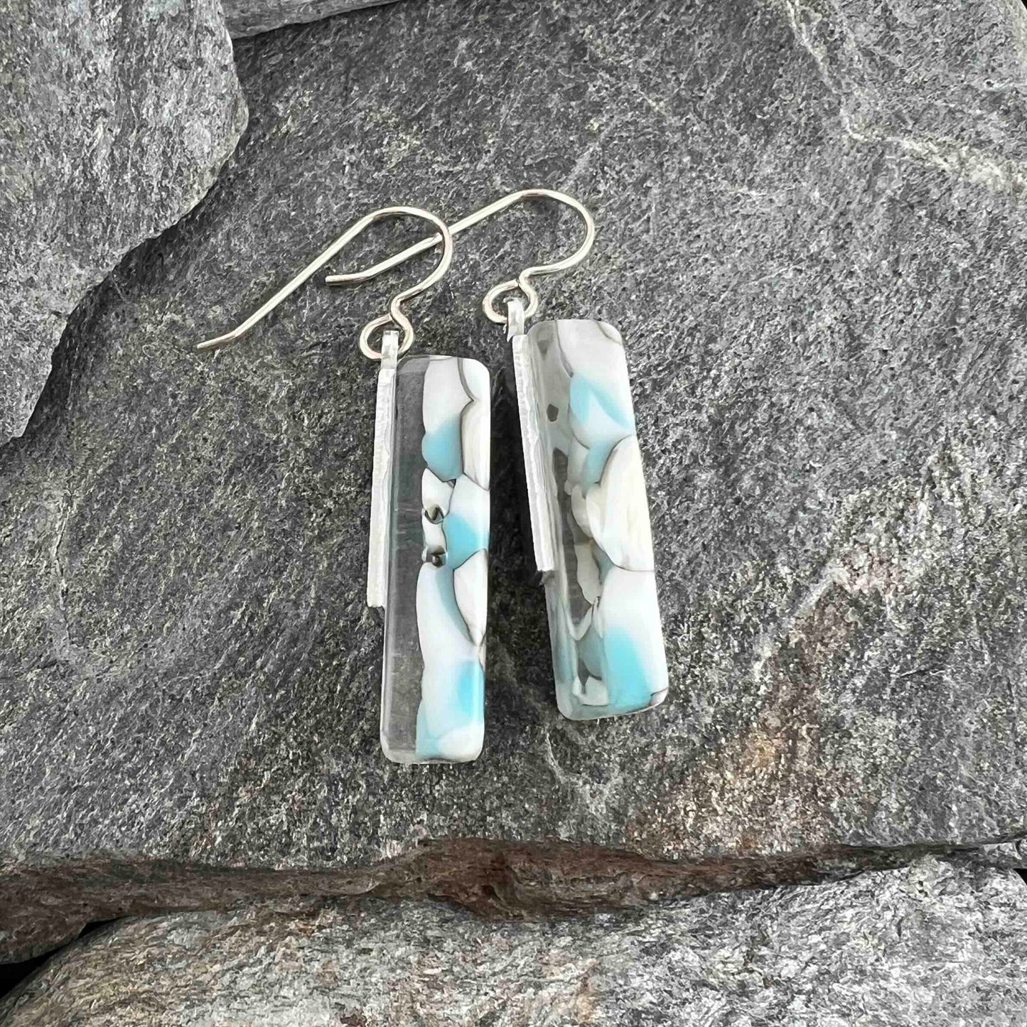 Turquoise, White and Ivory Organic Design Fused Glass Earrings