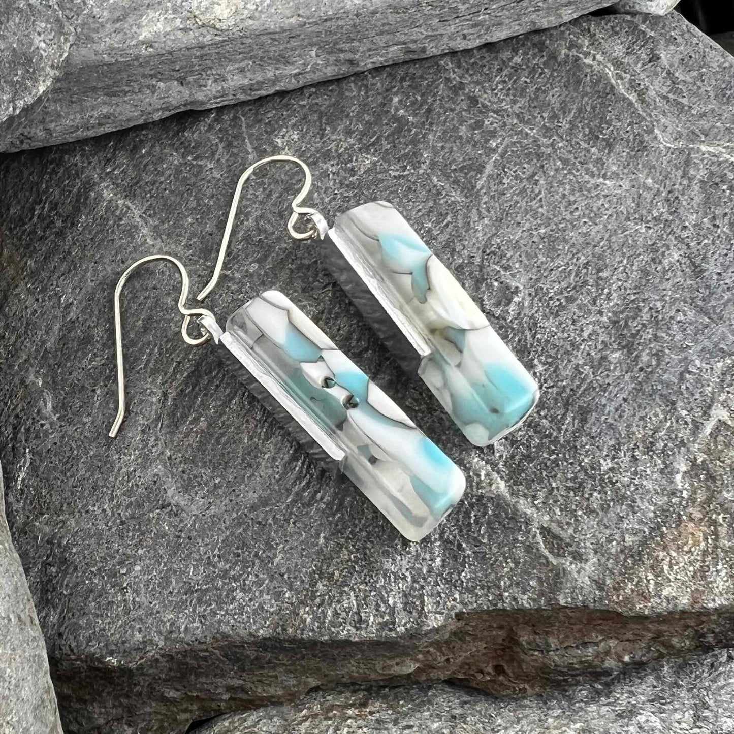 Turquoise, White and Ivory Organic Design Fused Glass Earrings