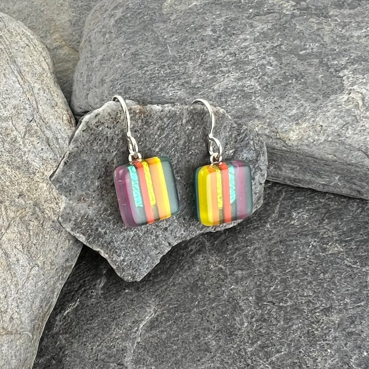 Small Square Colorful Striped Fused Glass Earrings