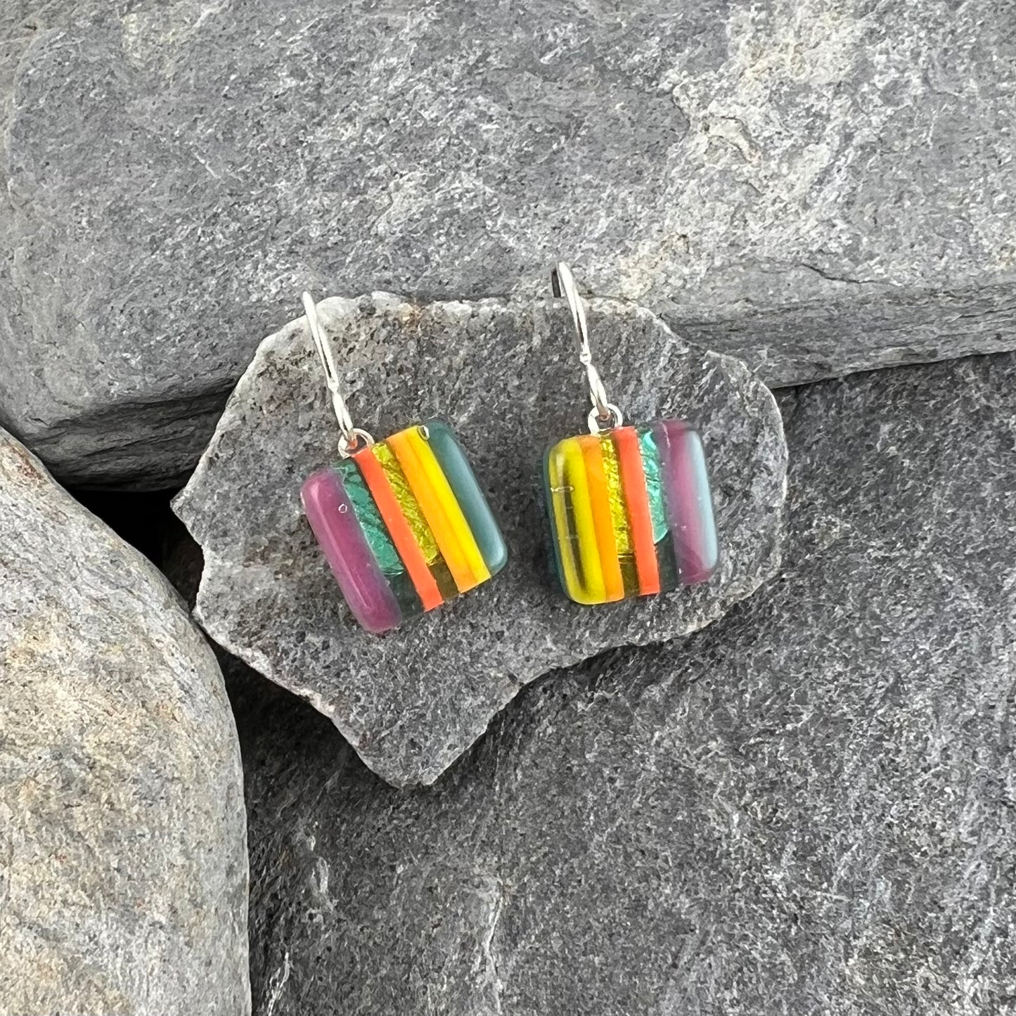 Small Square Colorful Striped Fused Glass Earrings