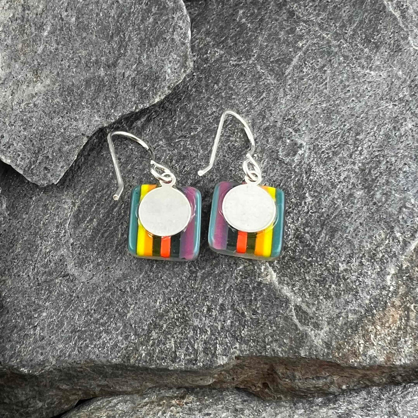 Small Square Colorful Striped Fused Glass Earrings