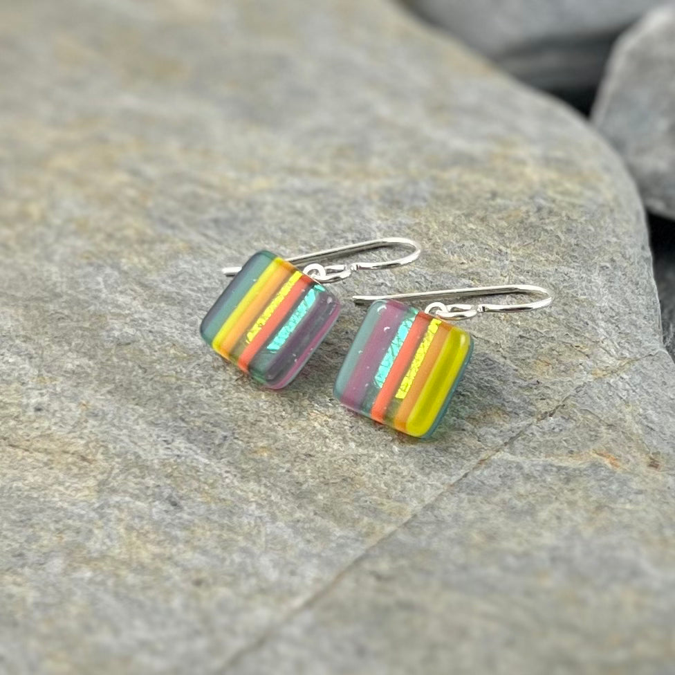 Small Square Colorful Striped Fused Glass Earrings