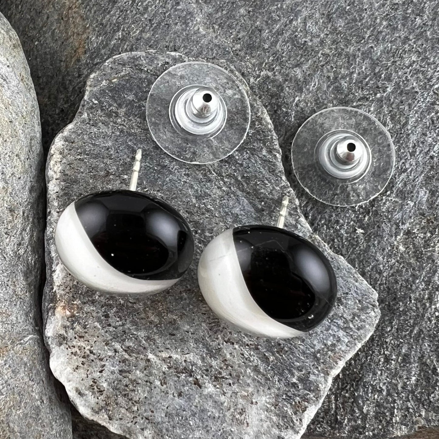 Black and Ivory Button Style Fused Glass Studs