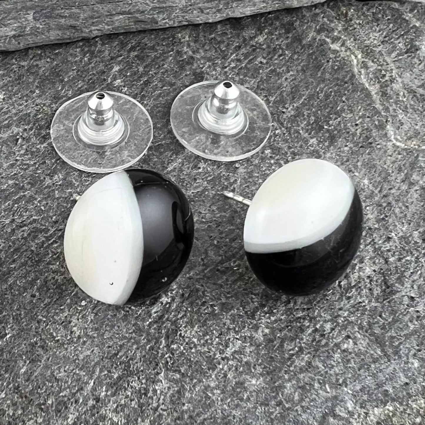 Black and Ivory Button Style Fused Glass Studs