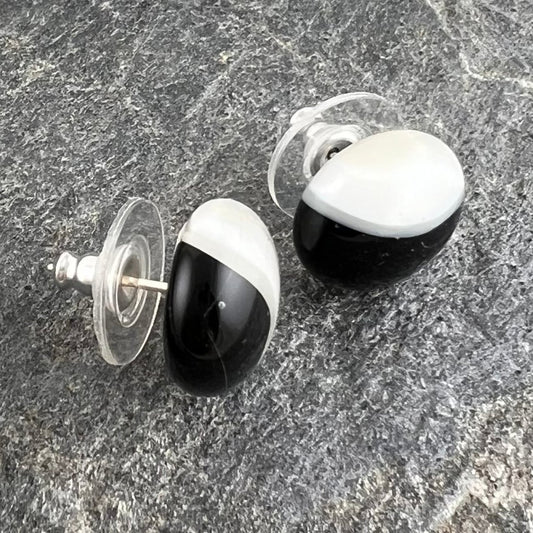 Black and Ivory Button Style Fused Glass Studs