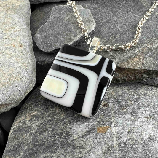 Black, White and Ivory Abstract Fused Glass Pendant