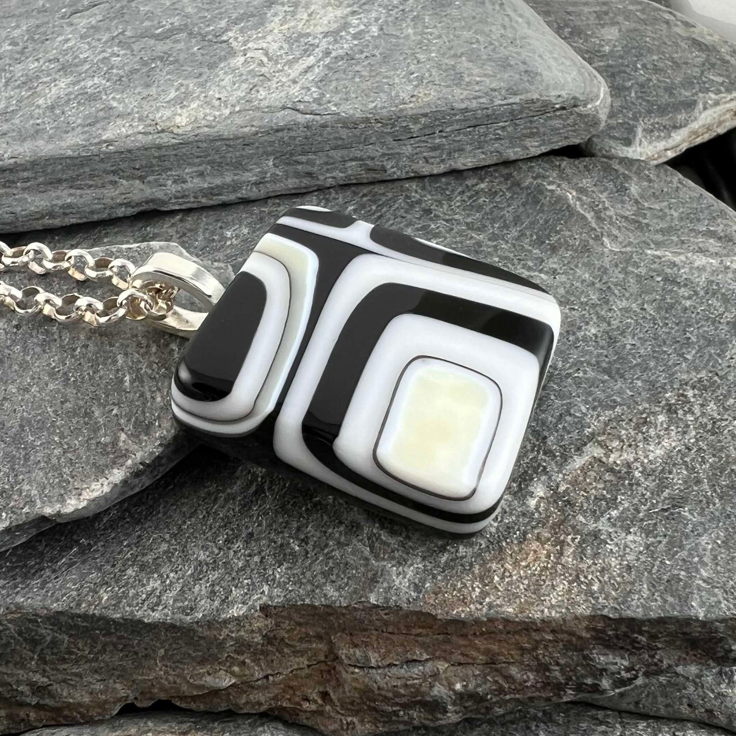 Black, White and Ivory Abstract Fused Glass Pendant