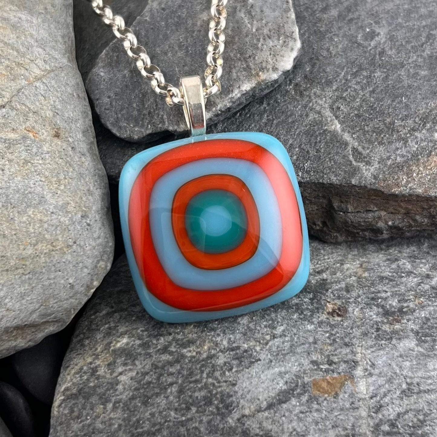 Orange, Turquoise, Teal Fused Glass Pendant