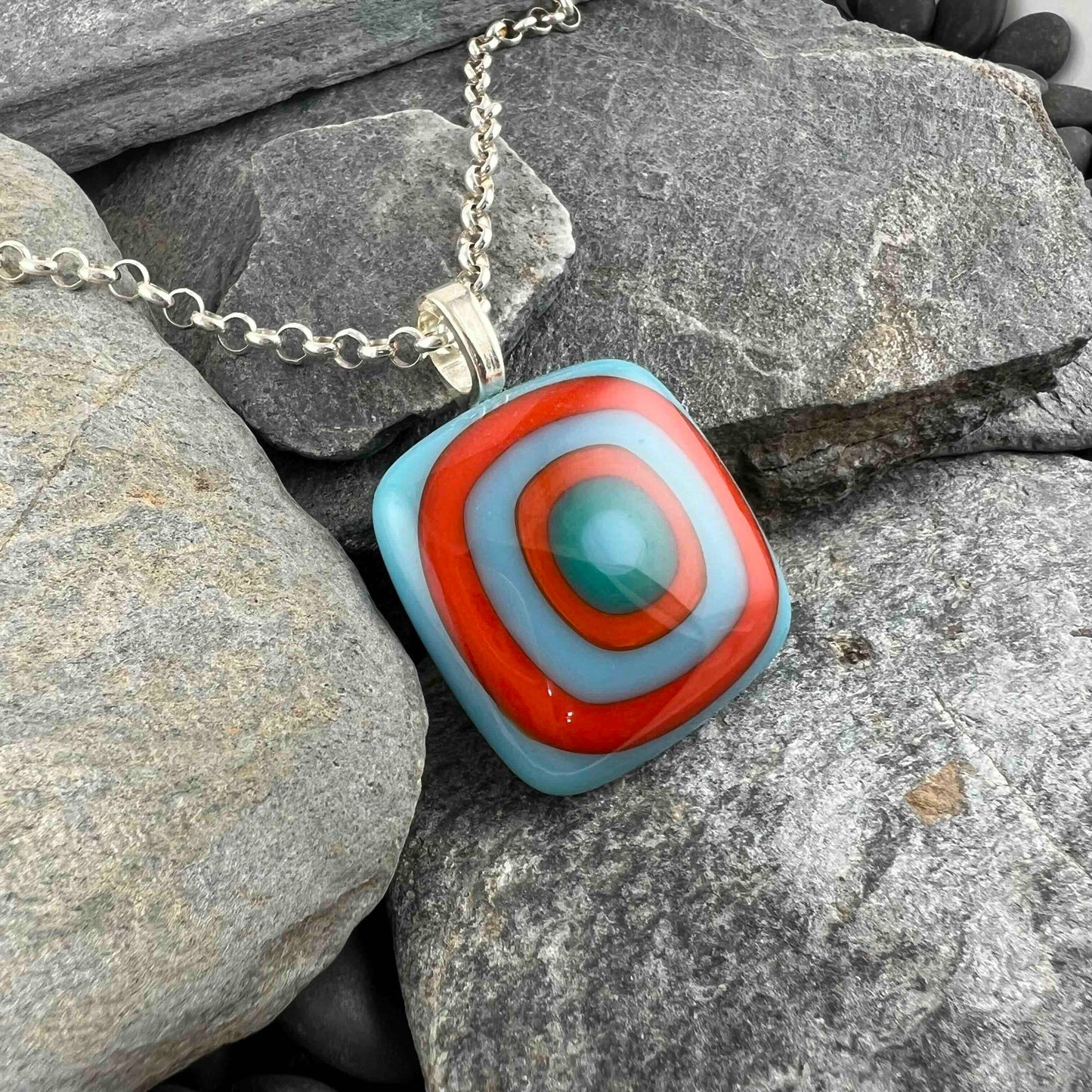 Orange, Turquoise, Teal Fused Glass Pendant