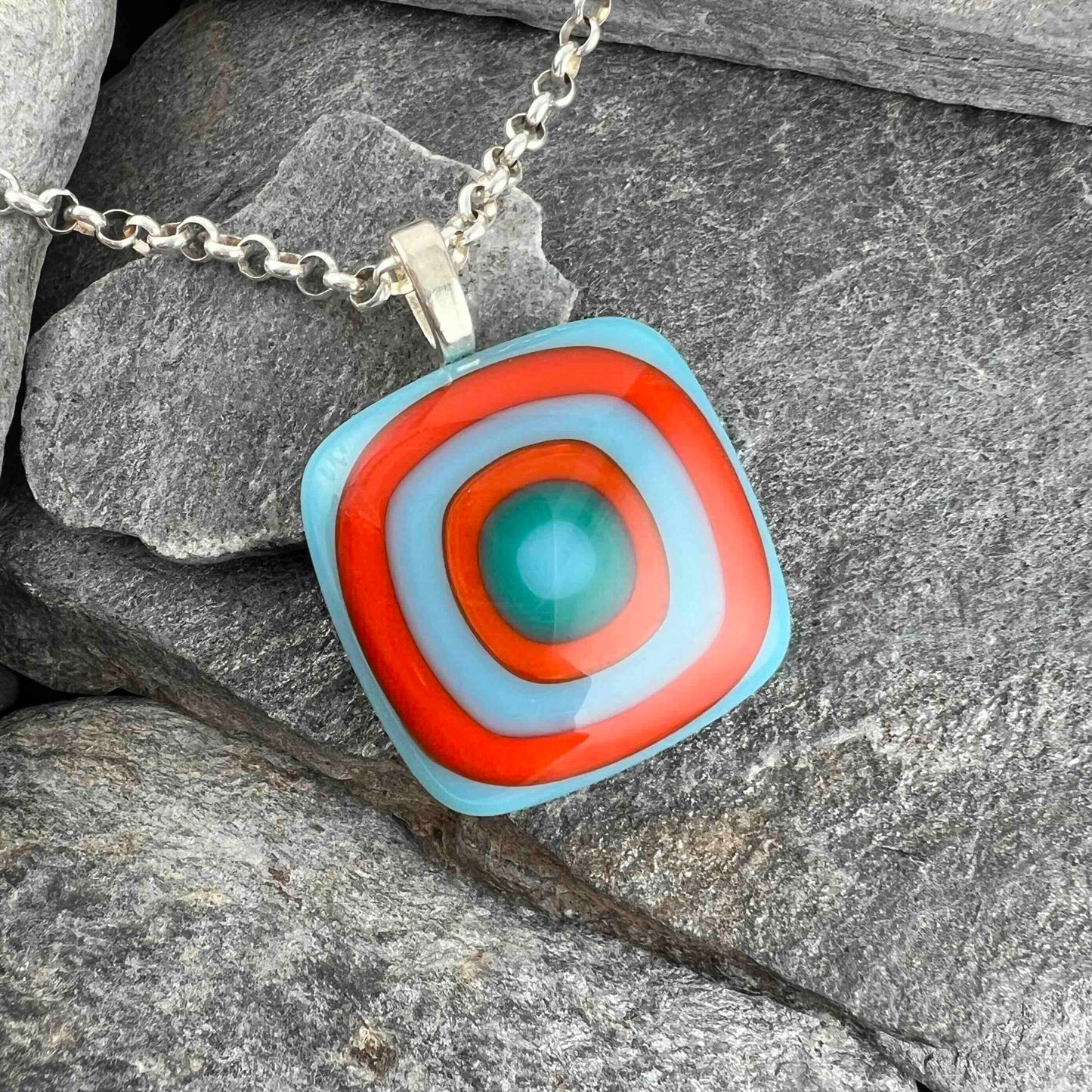 Orange, Turquoise, Teal Fused Glass Pendant