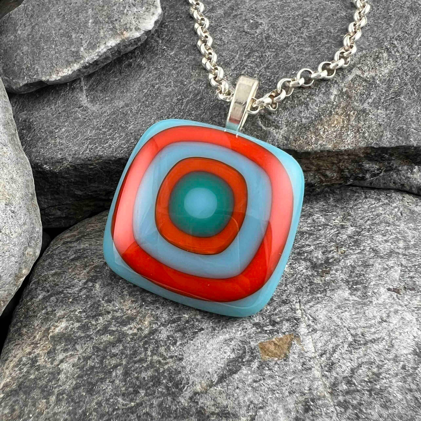 Orange, Turquoise, Teal Fused Glass Pendant