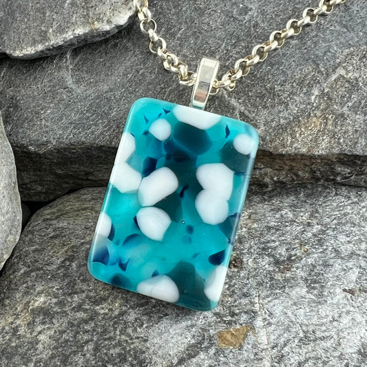 Turquoise and White Abstract Fused Glass Pendant