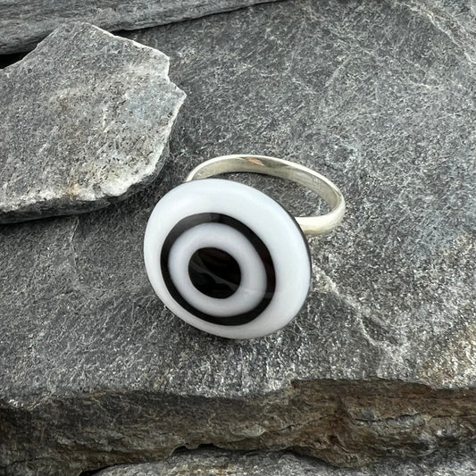 Black and White Bullseye Fused Glass Ring