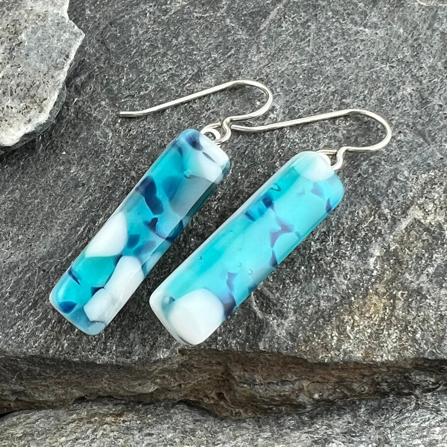 Turquoise, White and Ivory Organic Design Fused Glass Earrings