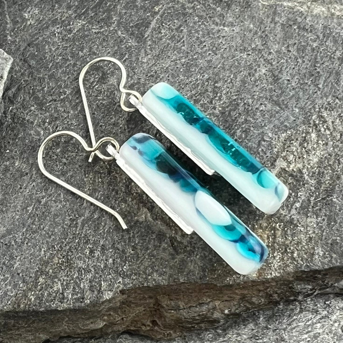 Turquoise, White and Ivory Organic Design Fused Glass Earrings